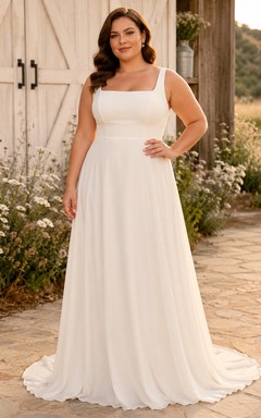 Chiffon-Hochzeitskleid, A-Linie, V-Ausschnitt, ärmellos, Kapellenschleppe, tiefer V-Ausschnitt am Rücken