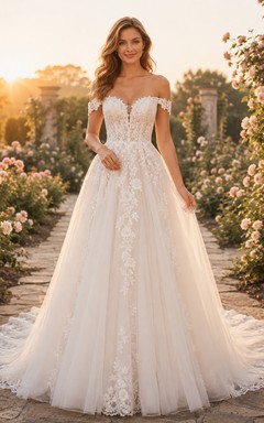 Lace Tulle Wedding Dress A-Line V-Neck Sleeveless Chapel Train Bridal Gown
