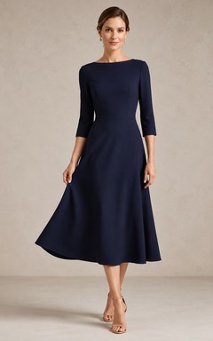 Vestido de recepción para madre de familia, minimalista, de largo midi, con escote barco y mangas tres cuartos, color azul marino oscuro.