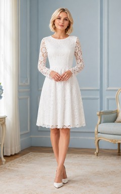 White Jewel Neck Illusion Long Sleeve Lace Flowergirl Dress