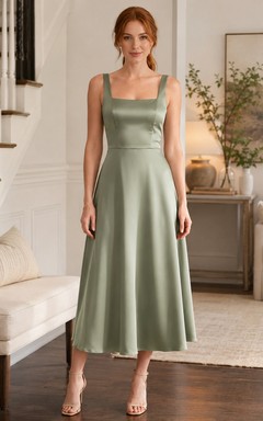 Sage Square Neck Wide Strap Satin A Line Midi Dress