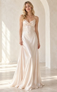 Simple Cowl Neck Spaghetti Strap Satin Sheath Long Elopement Wedding Dress