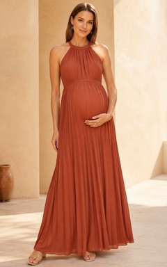 Robe de soirée longue en mousseline de soie vermillon, col montant dos nu, coupe empire