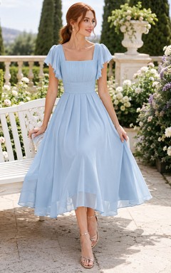 Sky Blue Square Neck Flutter Sleeve Chiffon Tea Guest Dress