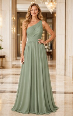 Luxury Hotel Formal Sage Simple Elegant A-Line Chiffon Bridesmaid Dress with One-Shoulder Sleeveless Floor-Length Pleated Open Back