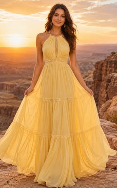 Yellow Halter Tiered Chiffon Desert Elopement Bridal Gown