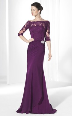 Sheath Floor-Length Broach 3-4-Sleeve Off-The-Shoulder Chiffon Prom Dress With Appliques