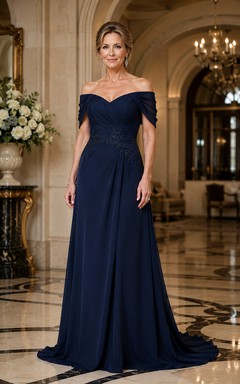 Dunkelblaues schulterfreies A-Linien-Chiffonkleid für Mütter