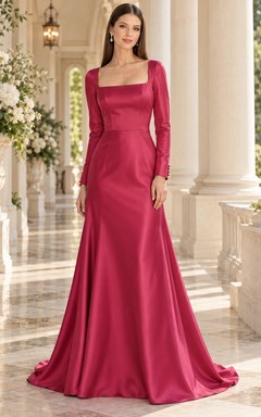 Vestido de dama de honor elegante, ajustado, acampanado, de satén frambuesa, manga larga y cuello cuadrado, estilo sirena.
