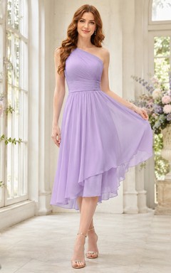 Violet Cascade Lavender A-Line High-Low One-Shoulder Sleeveless Chiffon Romantic Guest Dress