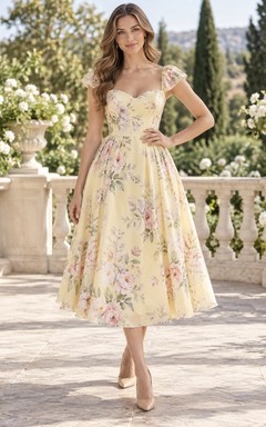 Vestido de fiesta de gasa con estampado floral de narcisos, cuello cuadrado y mangas cortas, largo hasta la rodilla, corte en A.