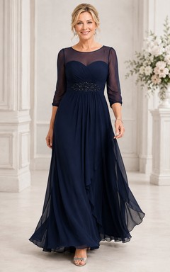 Marineblaues A-Linien-Kleid aus Illusion-Chiffon mit Perlenbesatz an der Taille