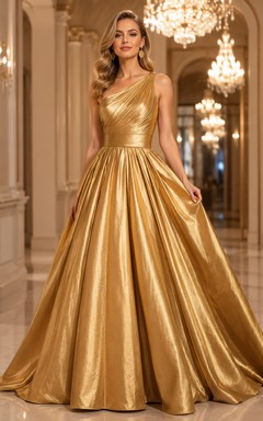 Elegante vestido de gala largo hasta el suelo, de un solo hombro, sin mangas, de satén metálico, color dorado metalizado.