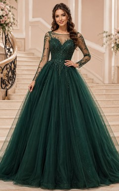 Dark Green Sweetheart Long Illusion Sleeve Tulle Ball Gown Luxury Dress