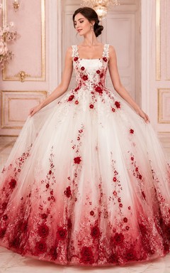 Rotes, ärmelloses Brautkleid aus Tüll mit floralem Ombré-Applikationen und Spaghettiträgern