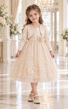 Teelanges champagnerfarbenes Blumenkleid in A-Linie aus Tüll-Satin mit Bolero und Dreiviertelärmeln, blumengemusterter Taille und Blumenapplikationen für Blumenmädchen