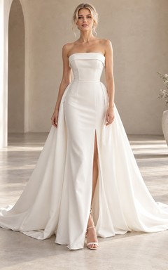 Simple Strapless Satin Split Skirt Court Train Wedding Dress