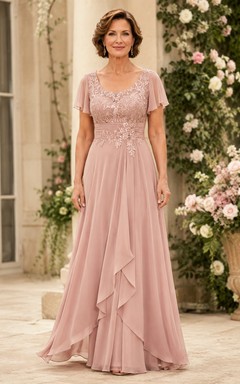 Dusty Rose Flutter Sleeve Mother Gown Dusty Rose Scoop Jewel A-Line Floor-length