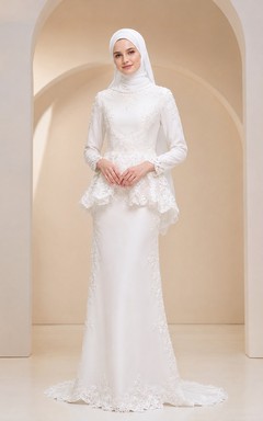 Minimalist Muslim Lace Peplum Sheath Sweep Train Wedding Dress