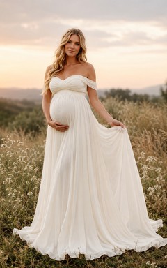 Elfenbeinfarbenes, schulterfreies Umstandskleid aus Chiffon im Empire-Stil für Fotoshootings