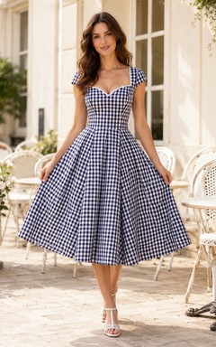 Robe cocktail vintage bleu marine à carreaux vichy, décolleté cœur, manches courtes trapèze, longueur thé