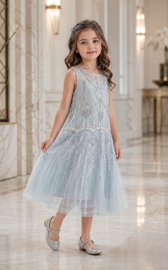 A-Line 1920s Inspired Beaded Flower Girl Dress with Strapped Bodice, Beaded Tulle, Sequined Skirt, Tea-Length Hem, Deco Evening Style