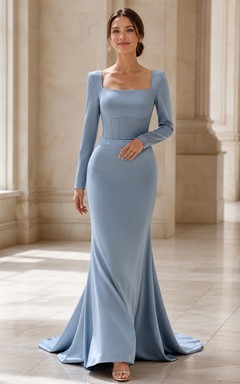 Schieferblaues, modernes Brautkleid aus Satin mit eckigem Ausschnitt, langen Ärmeln und Meerjungfrauenschnitt
