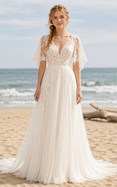 Beach Lace Tulle Wedding Dress A-Line V-Neck Cap Sleeve Sweep Train Bridal Gown