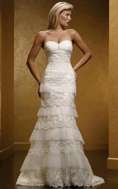 Sheath Sweetheart Long Sleeveless Tiered Lace Wedding Dress With Appliques And Corset Back