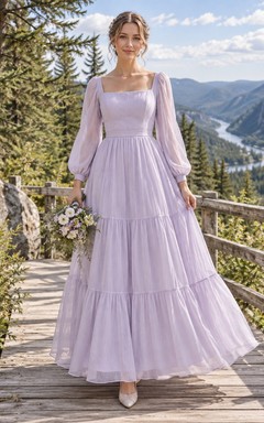 Puderviolettes Brautkleid mit eckigem Ausschnitt, Bischofsärmeln und gestuftem Baumwollvoile-Rock