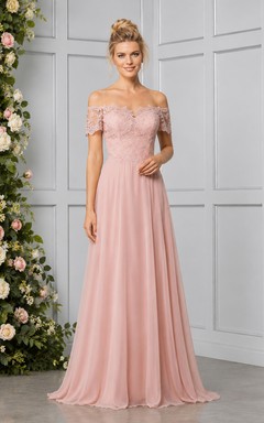 Blush off shoulder lace bodice chiffon floor length dress