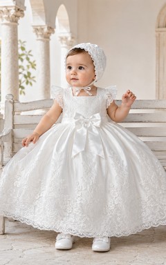 Luxury Baby Christening A-Line Short Sleeve Satin Lace Dress