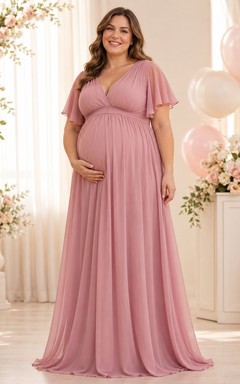 Dusty Rose Plus-Size Maternity V-Neck A-Line Floor-Length Short-Sleeve Chiffon Guest Gown