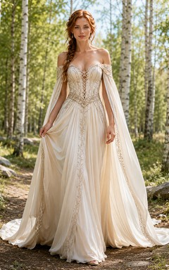 Wikinger-inspiriertes schulterfreies Brautkleid mit herzförmigem Ausschnitt, Korsett, Stickereien, Chiffon, A-Linie und Kathedralenschleppe