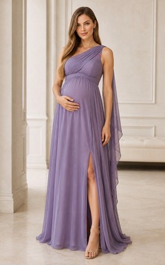 Lavender Chiffon One-shoulder Pleated Sheath Maternity Floor-length Gown