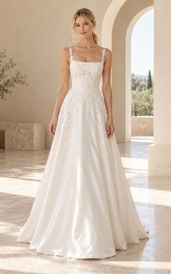 Simple Square Neck A-Line Floral Lace Straps Satin Wedding Dress