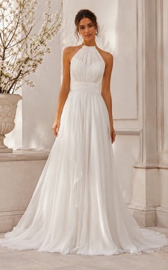Halter Beach A-Line Wedding Dress with Pleated Chiffon Skirt and Train