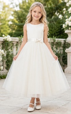 Bow Back Tulle A-Line Flower Girl Dress with Jewel Neck and Tea-Length Skirt