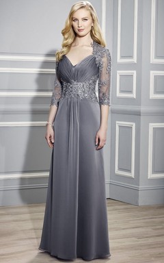 Vestido formal de punto fruncido con escote en V y mangas de 3-4 pulgadas.