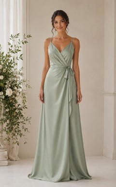 Sage V-neck Satin A-Line Bridesmaid Dress
