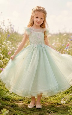 Vestido de niña de las flores, color verde salvia, encaje, tul, corte en A, cuello joya, largo hasta la rodilla.