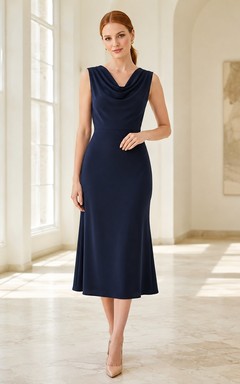 Dark Navy Draped Cowl Neck Sleeveless Satin Midi Sheath Evening Dress