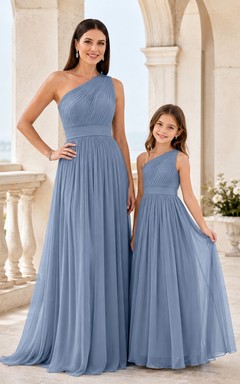 Schieferblaues Chiffonkleid mit One-Shoulder-Ausschnitt, A-Linie und bodenlang, Mutter-Tochter-Partnerlook