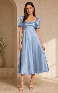 Steel Blue Cowl Neck Puff Sleeve Satin Empire Tea-Length A-Line Guest Dress