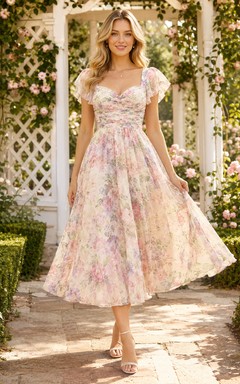 Pastel Floral Sweetheart Puff Sleeve Garden Midi Dress