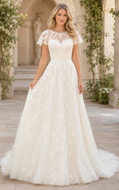 Temple Illusion Lace Flutter Sleeve A-Line Wedding Dress