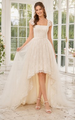 Vintage Square Neck Cap Sleeve Lace High Low A-Line Wedding Dress