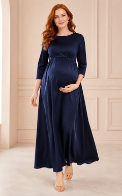Dark Navy Jersey Jewel Neck Three-quarter Sleeve Empire Floor-length Maternity Dress