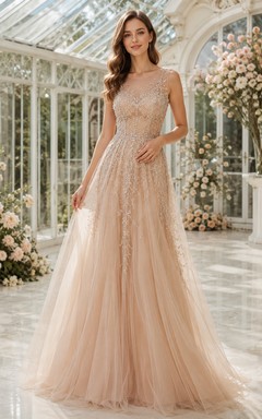 Crystal Atrium Champagne A-Linien-Kleid, bodenlang, ärmellos, Spaghettiträger, Tüll, Luxus-Abendkleid