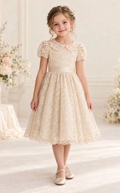 Knee-length Vintage Champagne Floral A-line Lace Puff-sleeve Scalloped Flower Girl Dress